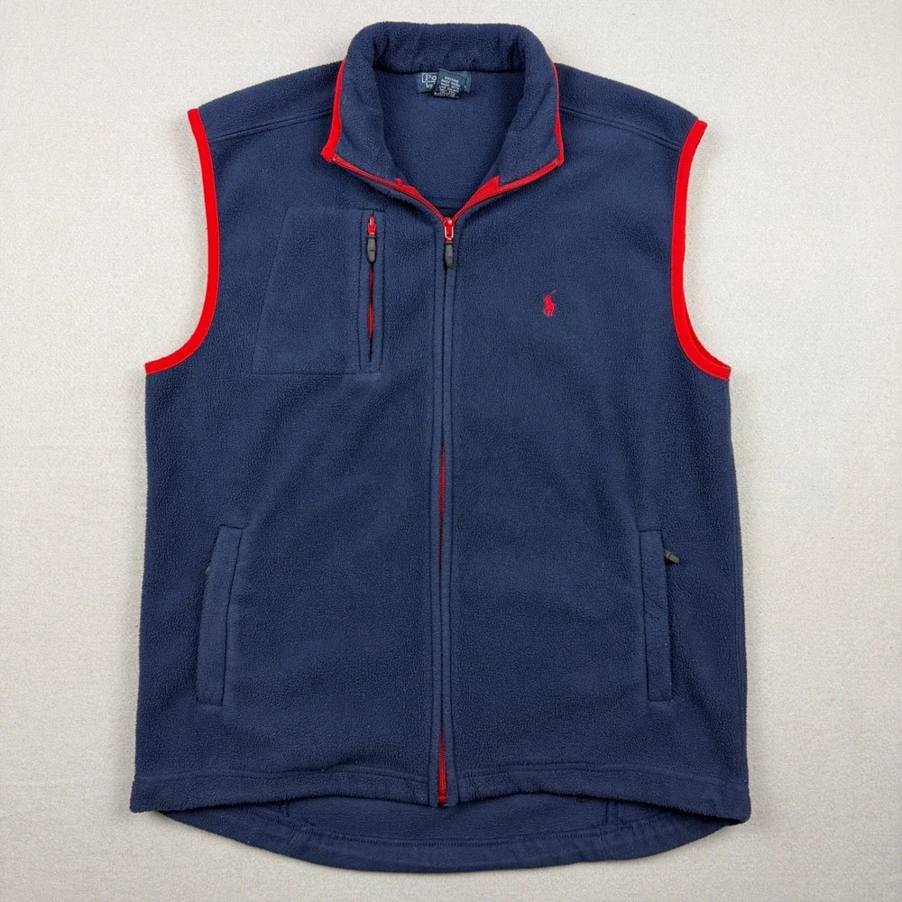 Vintage Polo Ralph Lauren Mens L Navy Red Fleece Full Zip Spellout Sport Vest